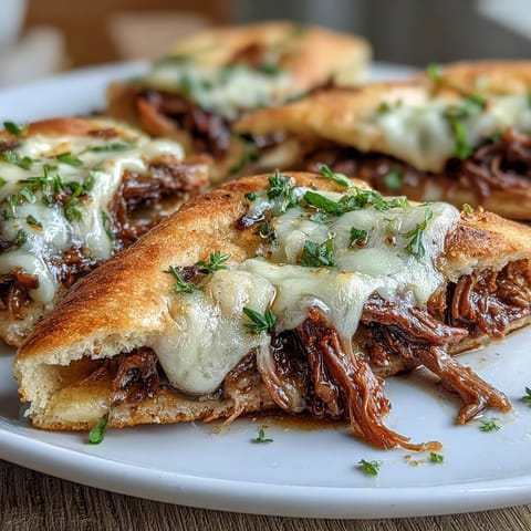 Tender shredded slow cooker beef and garlic naan melt stacked high with melted cheese, served piping hot for game day.