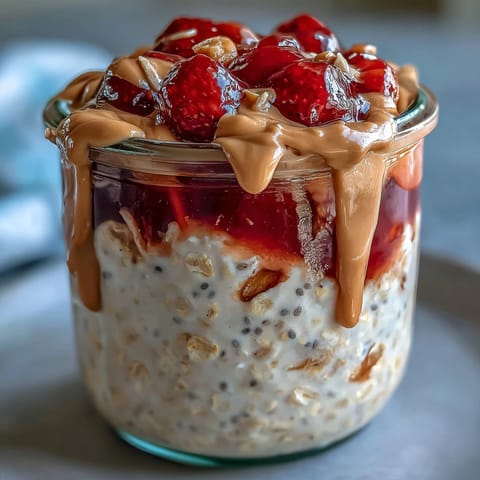 Thick Greek yogurt and vanilla protein blend create a creamy texture in this High-Protein Peanut Butter & Jelly Overnight Oats. 