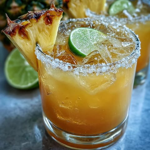 Pineapple margarita mocktail served in chilled glasses, bright lime and pineapple slices for a tropical sip.