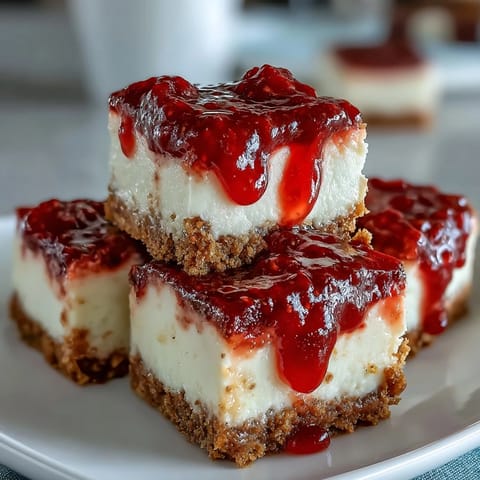 Appétitentes portions de High Protein Healthy Strawberry Cheesecake Bites garnies de crumble de graham et d'un glaçage aux fraises juteuses.