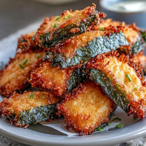 Seaweed Tempura croustillante en bouchées, feuilles de nori dorées à la pâte légère, servies avec une sauce umami savoureuse.