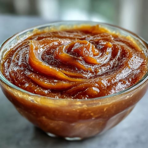 Creamy Miso Caramel Sauce in a glass jar with a spoon for dipping apple slices.