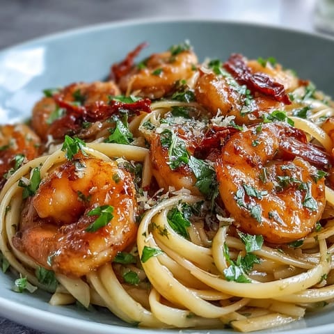 Un gros plan rapproché du Chilli-Garlic Shrimp Linguine, mettant en avant la texture des crevettes sautées et des fines tranches d'ail doré.