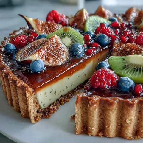 Une tarte au cardamome au nappage de crème onctueuse et fruits colorés.