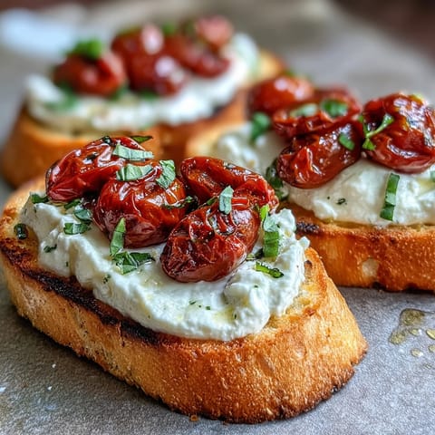 Golden crostini with creamy burrata and roasted cherry tomatoes, finished with olive oil for serving.