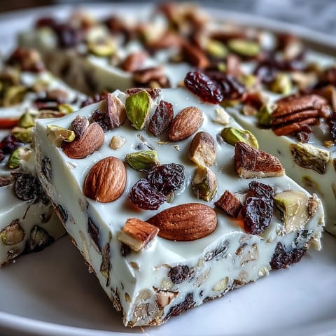 A close-up of pistachio white chocolate bark broken into pieces, showcasing jewel-toned fruit and a generous pistachio topping.
