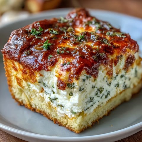 Un plat confortable de Pizza-Style Cottage Cheese Bake doré, sortant du four tout fumant.