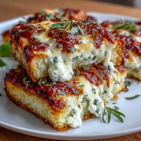 Pizza-Style Cottage Cheese Bake servi en portions généreuses avec basilic frais et sauce tomate.