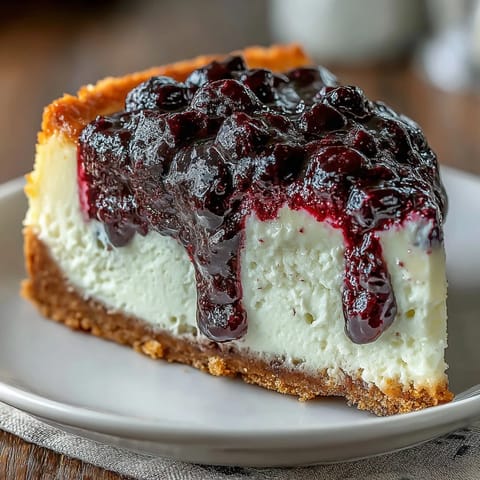 Cheesecake au cassis frais tranché dans une assiette, accompagné d'une cuillère de compote