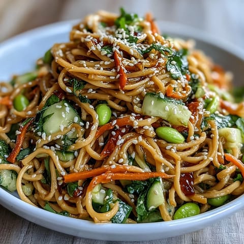 Nouilles froides au sésame et gingembre, garnies d'oignons verts et de graines de sésame toastées, servies fraîches.