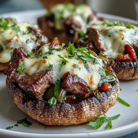 Freshly baked Keto Philly Cheesesteak Stuffed Portobello Mushrooms filled with savory ribeye steak and colorful sautéed peppers.
