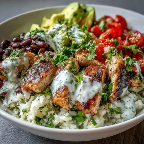Bol de burrito au riz de chou-fleur et poulet, avec haricots noirs et yaourt grec, servi avec un quartier de citron.
