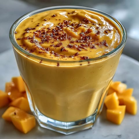 Ce Vegan Mango Turmeric Golden Milk Smoothie glace au mango, épicé et onctueux, parfait pour le petit-déjeuner.