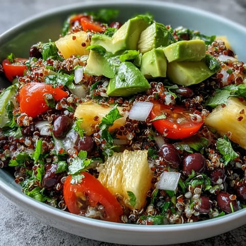 Bol de Tropical Quinoa Salad with Pineapple and Black Beans, quinoa moelleux, avocat crémeux et poivron rouge croquant, assaisonné à la lime. (14 mots)