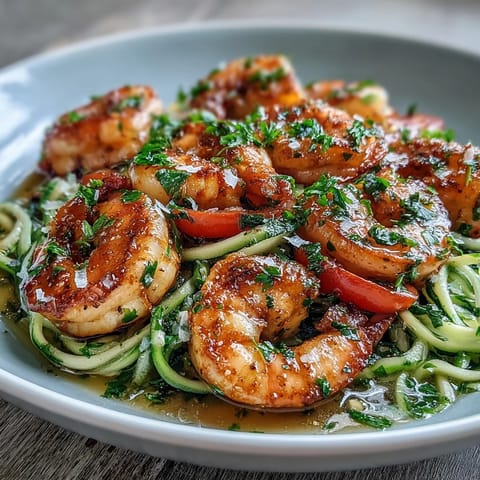 Plat de crevettes scampi minceur avec nouilles de courgettes, garni de crevettes tendres et de sauce citronnée à l'ail.  
