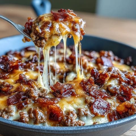 2. One-pan keto cheeseburger skillet loaded with ground beef, smoky bacon, and creamy cheddar, garnished with green onions and sesame seeds.  