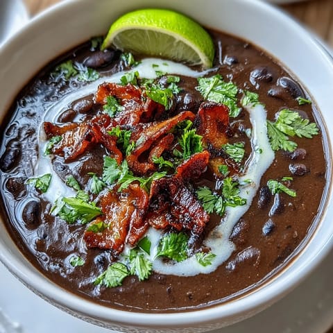 Velvety black bean soup with crispy bacon and tangy lime crema, perfect for cozy nights and bold flavors.