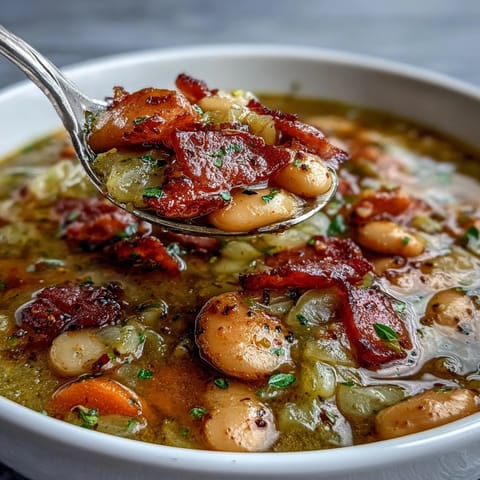 Un bol fumant de soupe réconfortante au jambon et aux fèves lima, parsemé de persil frais.