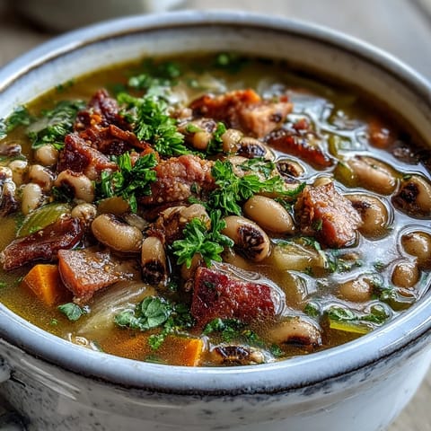 Potage réconfortant aux pois chiches et jambon, mijoté lentement pour une texture crémeuse et un goût riche et fumé.  