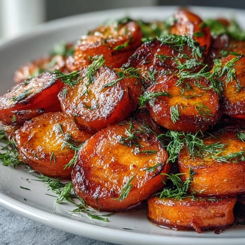 Carottes tendres nappées d'un glaçage sucré à l'orange et au miel, parsemées d'aneth frais.  