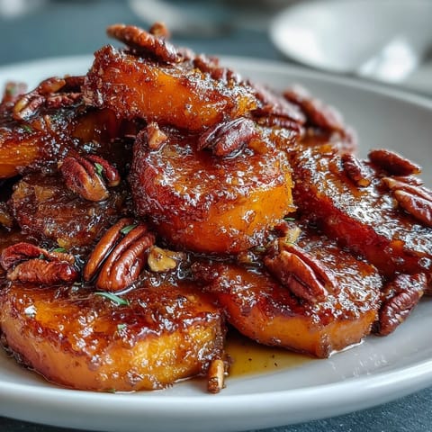 Des ignames tendres nappées d'un glaçage au sucre brun et beurre, garnies de pacanes grillées croquantes—un accompagnement classique pour les fêtes ou les dîners.