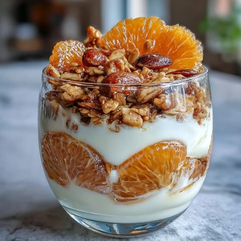 Parfait à la yaourt et oranges confites avec granola croustillant - couches crémeuses de yaourt grec, oranges sucrées et granola croquant, parfait pour le petit-déjeuner ou le dessert.