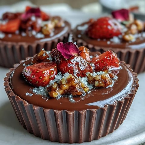 Coupes de chocolat noir remplies de fraises fraîches et surmontées d'un croquant de pistache doré.  