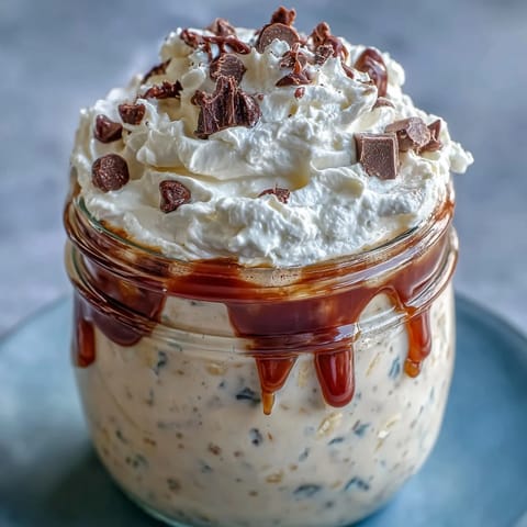 Un bocal de dessert à l'avoine infusée au café et à la vanille, garni de crème fouettée et de copeaux de chocolat.