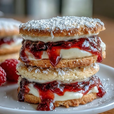 Biscuits fourrés au sablé à la crème caillée et à la confiture de framboises, dorés et croustillants, empilés avec une garniture fruitée et brillante.
