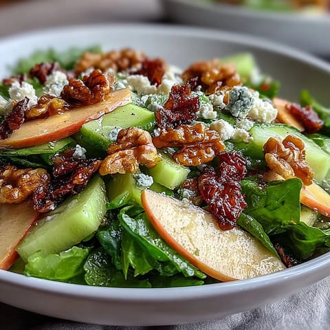 Salade croquante au céleri et aux pommes avec noix et feta - une salade rafraîchissante aux couleurs vives avec du céleri croquant, des pommes juteuses, des noix grillées et de la feta crémeuse.