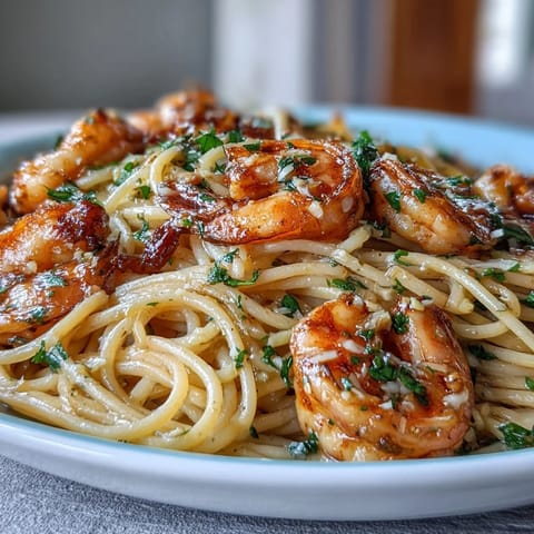 Assiette de pâtes linguine avec crevettes roses, sauce citronnée et persil frais.  