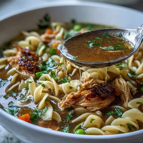 Pot-au-feu de poulet aux nouilles et légumes dans une marmite, avec poulet tendre, nouilles moelleuses et légumes colorés dans un bouillon savoureux.