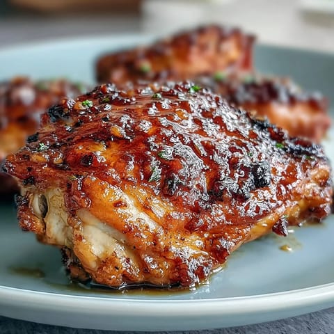 Cuisses de poulet au miel et à l'ail dorées au four, avec une sauce sucrée et savoureuse.