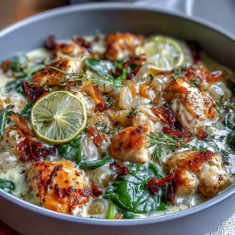 Plat de pâtes au poulet et épinards dans une casserole avec du poulet doré, de l'orzo crémeux, des épinards frais et une touche de citron, idéal pour un dîner printanier.
