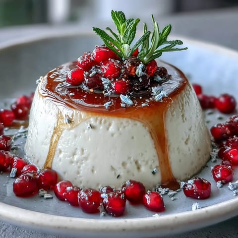 Panna cotta à la lavande et au miel dans un verre, nappée d'un filet de miel doré et parsemée de fleurs comestibles violettes.