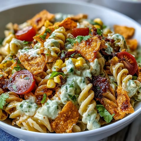 Salade de pâtes tacos avec Doritos et sauce ranch à l'avocat : bol coloré garni de pâtes, de légumes croquants et de Doritos émiettés sur une sauce crémeuse.