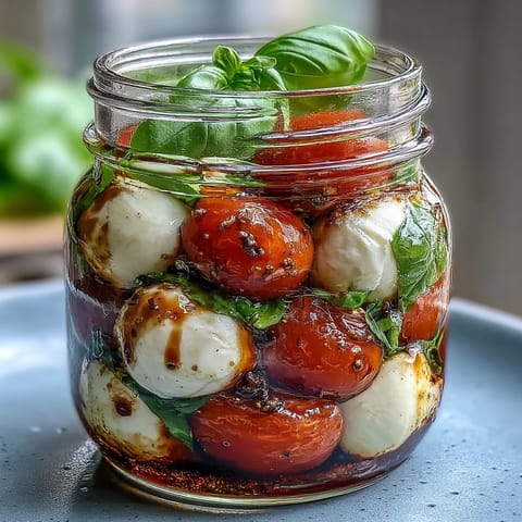 Pot Mason superposé de tomates cerises, mozzarella et basilic frais, nappé d'huile d'olive et de glaçage balsamique.  
