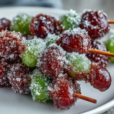 Brochettes de raisins congelés avec sucre de citron vert, rafraîchissantes et sucrées-salées, idéales pour l'été.