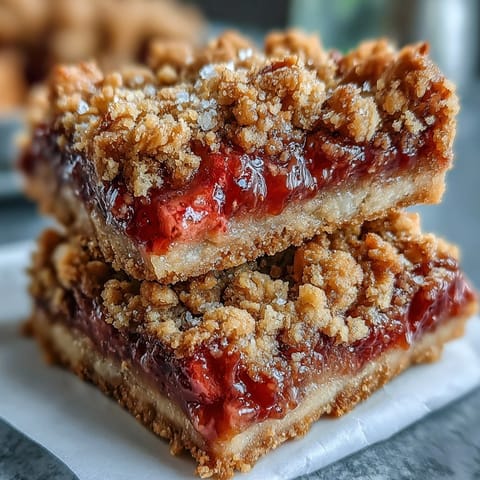Délicieuses barres de crumble aux fraises et rhubarbe, dorées et pétillantes.