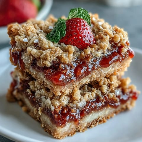 Barres de crumble aux fraises et rhubarbe maison chaudes, servies avec crème.