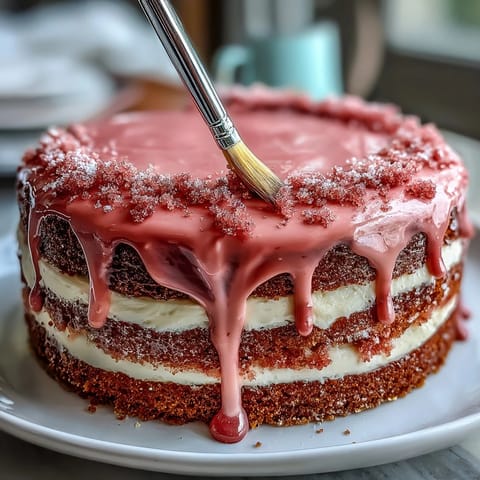 Gâteau velours rosé de mariage avec coulée d'or comestible, décoré d'une crème au fromage crémeuse et de détails dorés luxueux pour un centre de table époustouflant.