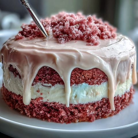 Gâteau de velours rosé élégant avec glaçage au fromage à la crème, fini par une coulée d'or brillante et des décorations florales comestibles pour célébrer l'amour.