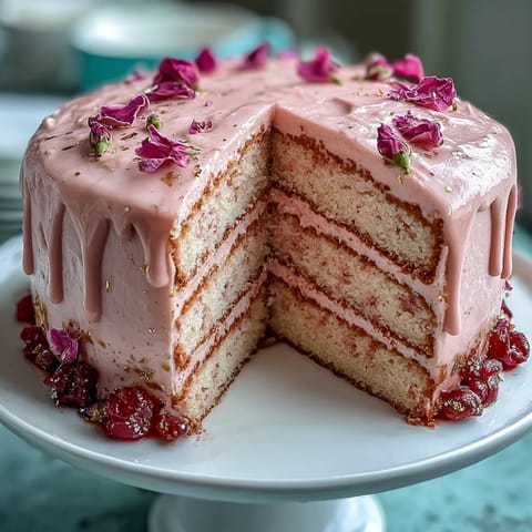 Gâteau velours rosé de mariage avec nappage doré, décoré de rosaces roses et d'accents dorés étincelants.