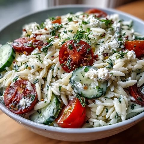 Salade d'orzo avec concombre, feta et vinaigrette citronnée rafraîchissante.