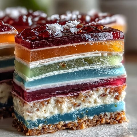Gâteau arc-en-ciel à l'agar-agar et à la crème de coco, présentation éclatante.