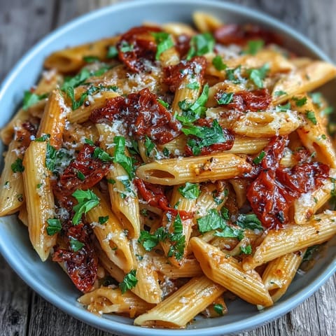Plat de Pasta Crémeuse Tomate Basilic fumante, garni de basilic frais.