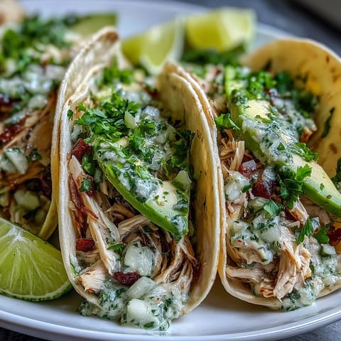 Gourmands tacos de poulet à la salsa verde crémeuse, prêts en un rien de temps.