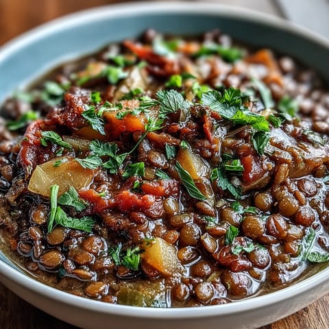 Délicieux ragoût de lentilles françaises, un plat réconfortant garni de persil frais.