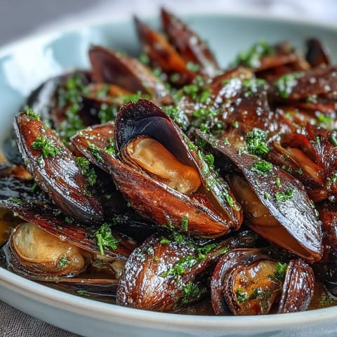 Moule à la marinière, riches et savoureuses, débordant de sauce à l'ail et au beurre.