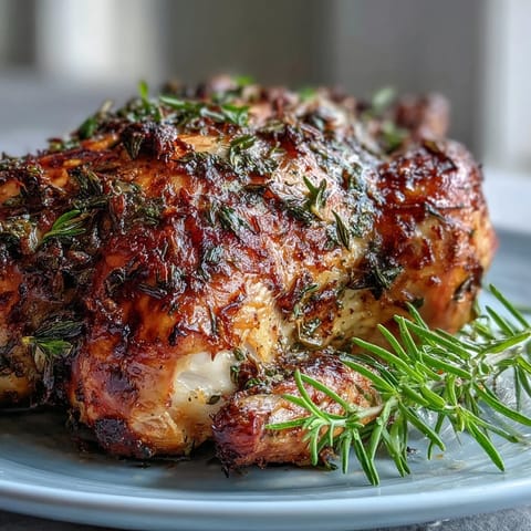 Poulet rôti aux herbes, croûte dorée, chair tendre, prêt à être découpé.